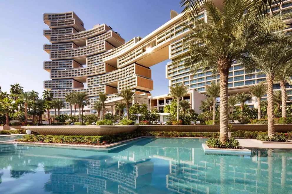 Atlantis The Royal, Dubai, exterior seen from Nobu by the Beach restaurant with pool in foreground.