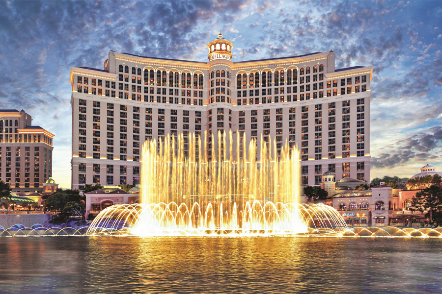 Bellagio Resort & Casino Exteriors at Dusk with Fountain.
