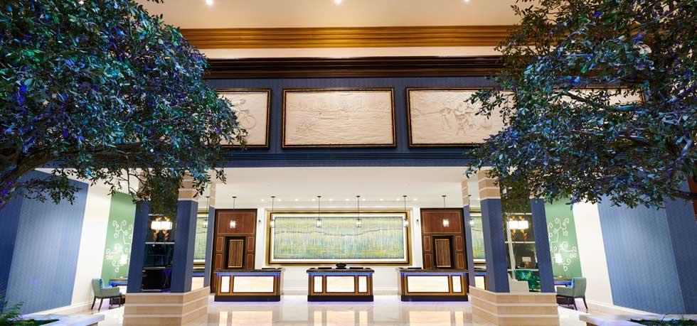 Photo of the lobby of the Fairmont Austin as you enter the hotel.