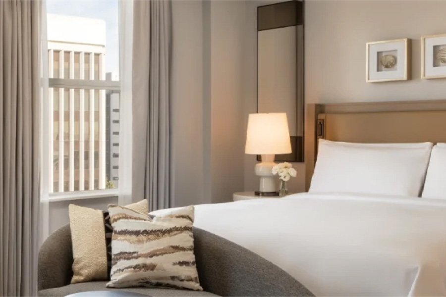 Fairmont Breakers Long Beach luxury hotel guest room interior.