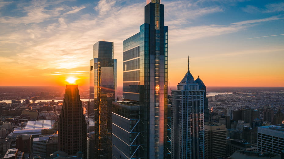 Four Seasons Hotel Philadelphia exterior as it soars above Center City as the highest hotel in North America.