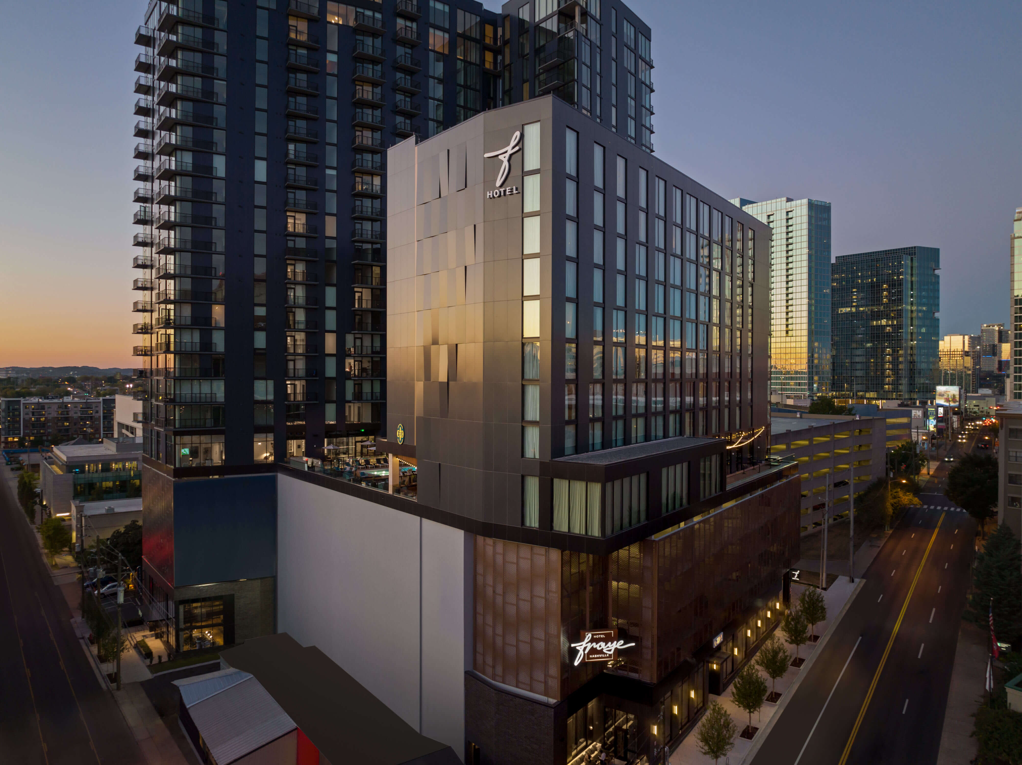 Exterior of Hotel Fraye Nashville Midtown at dusk.