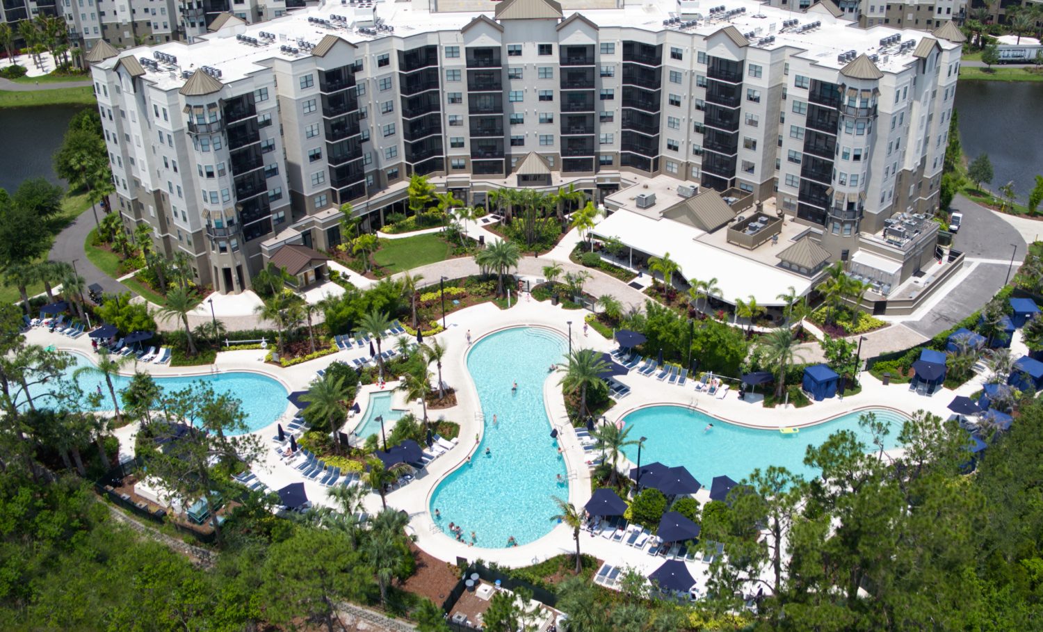 Aerial view of The Grove Resort & Spa’s three pools.