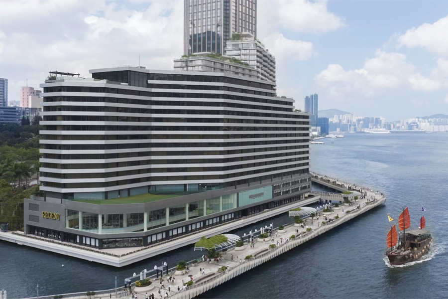 Regent Hong Kong waterfront exterior with antique Chinese-style boat