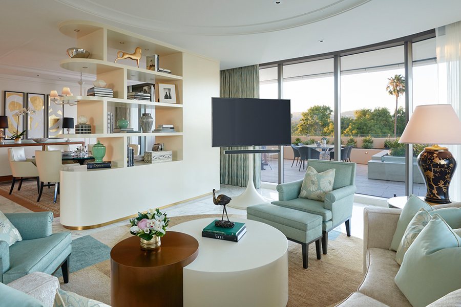 Waldorf Astoria Beverly Hills Villa Suite seating area with oversized terrace.